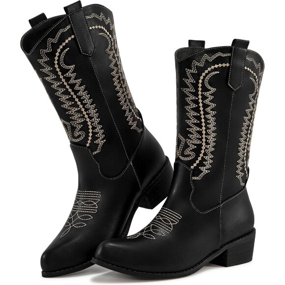 Shoes - Women's Embroidered Black Mid Calf Western Pointed Toe Low Chunky Heel Boot